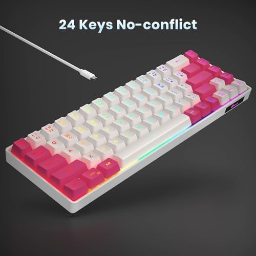GEODMAER 65% Gaming Keyboard, LED Backlit Mini Wired Keyboard, Ultra-Compact Anti-Ghosting No-Conflict 68 Keys Membrane Gaming Wired Keyboard for PC Laptop Windows Gamer(White-Pink)