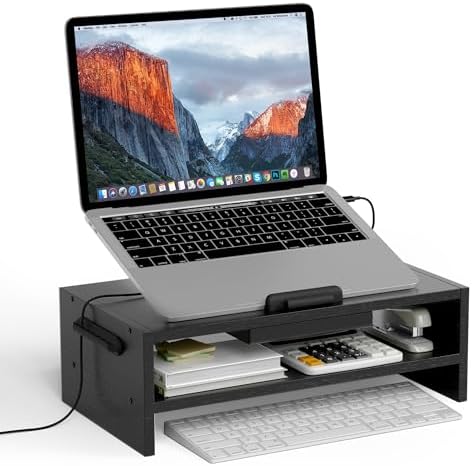 AFOOYO Adjustable Wood Laptop Stand, Ergonomic Height Angles Computer Holder Riser for Desk Compatible with Air, Pro, Dell, HP, Lenovo More 10-17.3" Laptops, Black