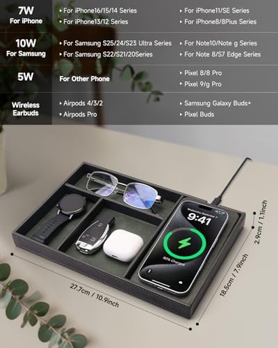 Valet Tray, Built in Wireless Charging Pad, Nightstand Organizer