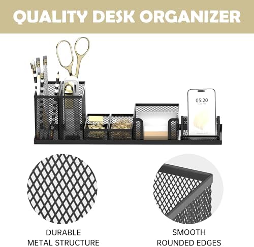 Pen Holder for Desk, 6-Piece Mesh Desk Organizer with Phone Holder, Black