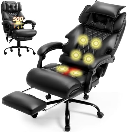 Massage Office Chair with Foot Rest,6 Points Vibration & Heat Executive Office Chairs,Big and Tall Office Chair 500LBS,Ergonomic Desk Chair for Heavy People,Recliner with Dual-Use Pillow,Black PU