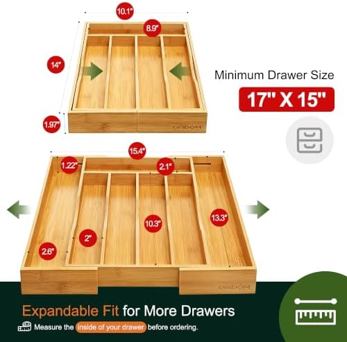 2-Piece Bamboo Silverware Organizer, Expandable Kitchen Drawer Organizer for Cutlery and Utensils, Multifunction Adjustable Bamboo Wood Cutlery Tray in Drawer for Flatware, (Natural)