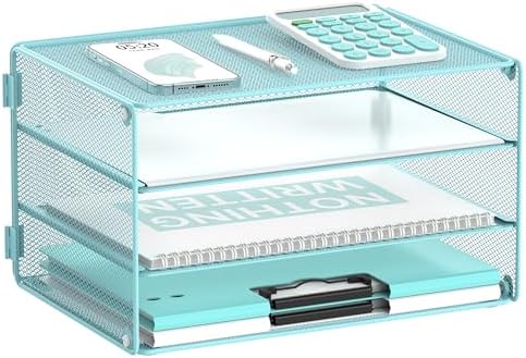 DALTACK 3 Tier Letter Tray Paper Organizer with Sliding Mesh Trays Blue
