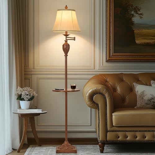 Traditional Floor Lamp with Tray, Remote Dimmable,350° Swing Arm and Walnut