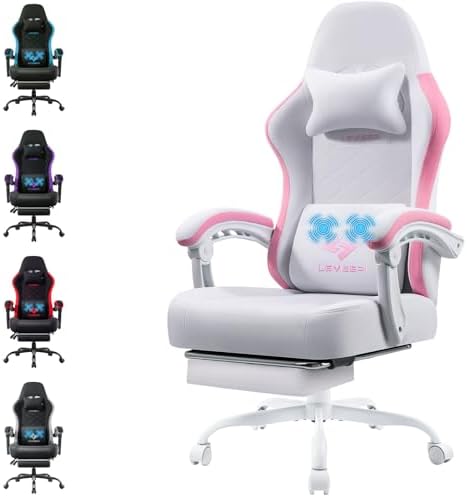 LEMBERI Gaming Chair, Fabric Big and Tall Video Game Chairs with Footrest, Massage Lumbar Support, Racing Style Ergonomic Computer Gamer Chair with Adjustable Headrest (Pink)