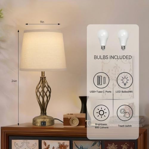 Ruiever Touch Table Lamps Set of 2, nightstand lamp with USB Ports Bedside 3 Way Touch dimmer Desk lamp for Living Room Bedroom,Antique Gold Spiral cage Base Design Warm White dimmer Bulbs Included.