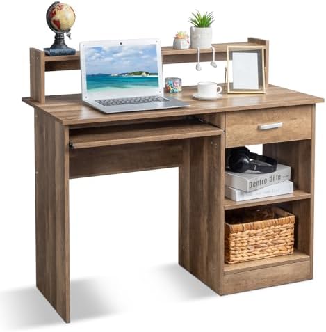 Karl home Computer Desk Study Writing Desk, Wooden Home Office Workstation PC Laptop Table with Drawer Shelf Keyboard Tray, Brown
