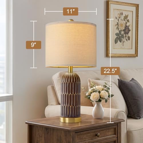 OYEARS 22.5" Bedside Table Lamps Set of 2, Farmhouse Table Lamp with USB A+C Charging Ports, Vintage Nightstand Lamp for Bedrooms and Living Rooms, Mid Century Modern End Table Lamp, Brown and Gold