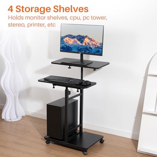 Mobile Computer Cart with Tower Stand, 27.5"-47.2" Height Adjustable