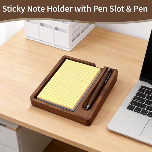 MultiBey 4x6 In Walnut Wood Sticky Note Holder with Pen Slot and Wood Pen