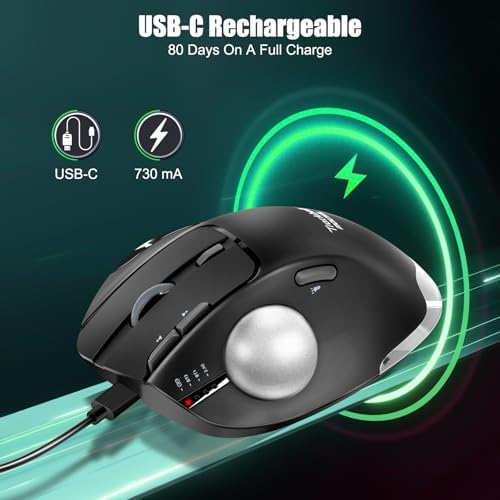 TRELC Wireless Trackball Mouse, Ergonomic Rollerball Mouse with 4800 DPI/7 Programmable Buttons, Thumb Control Mice, Rechargeable Optical Mouse for 3 Devices, for Windows, PC, Laptop, Tablet (Black)