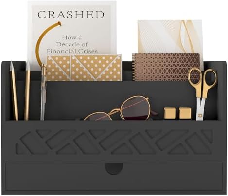Wisuce Bamboo Mail Organizer with Drawer, Countertop Desk Organizer(Black)