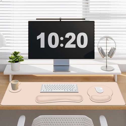 Mouse Pad Desk Pad Protector, Keyboard Wrist Rest + Mouse Pad Wrist Rest +Coaster, Large Gaming Mouse Pad for Computer Keyboard Laptop, XXL Desk Mat Writing Pad for Office and Home, Beige