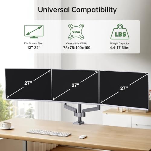 Gas Spring Triple Monitor Desk Mount for Screens up to 27 inch