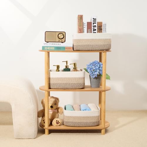 MiniArk Small Storage Baskets for Organizing | Closet Organizer Bins | Shelf Toy Basket | Woven Rope Baskets | Cube Decorative Box | Shallow Basket | 13x8.5x5.1” | 4 Packs Gradient Brown
