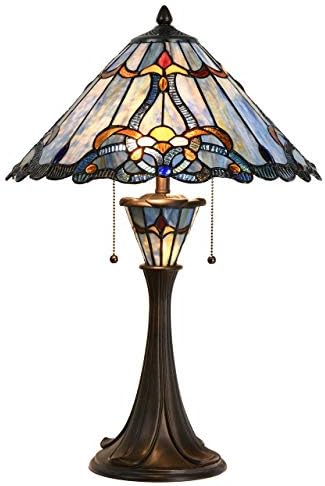Bieye L10684 Baroque Tiffany Style Stained Glass Table Lamp with 16 inch Wide Blue Shade Double Lit for Bedside Living Room Bedroom, 24.5 inch Tall