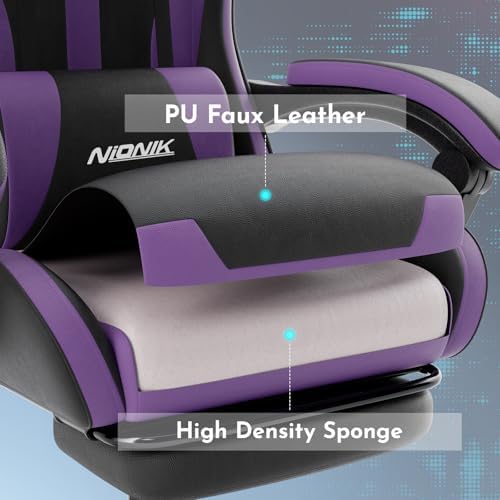 Gaming Chair, Ergonomic Computer Chair with Footrest and Lumbar Support, Height Adjustable Game Chair with 360°-Swivel Seat and Headrest and for Office or Gaming BLACKPURPLE