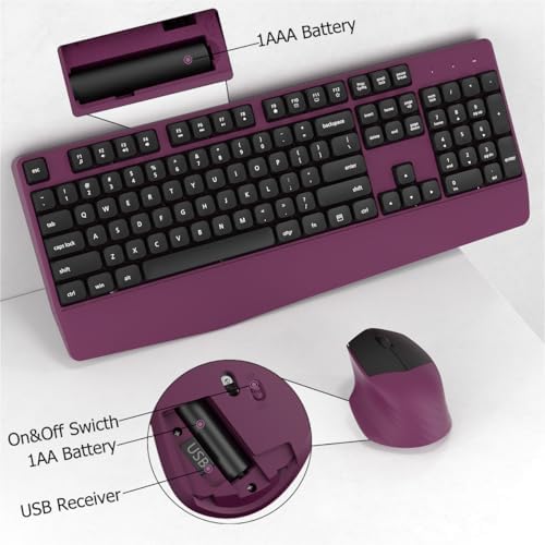 Ergonomic Wireless Keyboard and Mouse Combo with Wrist Rest, Black Burgundy