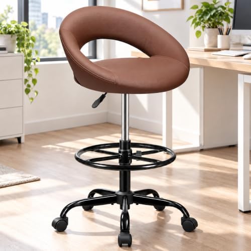 Rolling Bar Stool with Back Support & Wheels, PU Leather Brown