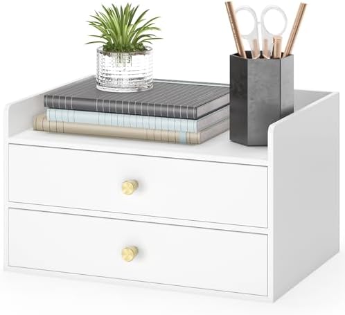 Bamboo Desk Organizer - Stackable, No Assembly Required, Ideal for Office/Home Use - Perfect for Toiletries, Stationery, Accessories. (White, Two level drawer box with sides)