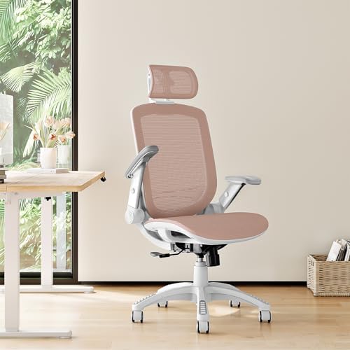 GABRYLLY Ergonomic Office Chair, High Back Home Desk Chair with 2D Flip-Up Arms, 3D Headrest, 90-120° Tilt and Wide Cushion, Big and Tall Mesh Chairs for Man Woman, White Computer Task Chair Pink