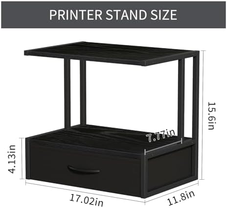 Printer Stand with Storage for Desk, with Fabric Drawer Desktop Printer Stand Shelf Organzier for Home Office, for Above and Under Desk Printer Table, Fax Machine Copier Scanner, Black