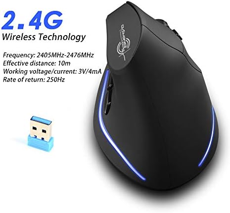 zelotes Wireless Ergonomic Mouse,2400 DPI (3-Level Adjustable),Rechargeable Vertical Mouse for Reduced Wrist Strain,LED Lighting,2.4G with USB Receiver,Optical Portable Mice for/Laptop/PC (Black)