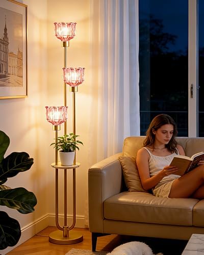 3-Light Lotus Floor Lamp, Mid Century Modern Deep Red Glass Gold Floor Lamp for Living Room, 62 Inch Standing Tall Lamps with Warm White 3000K Bulbs for Bedroom Sofa Beside Home Decor