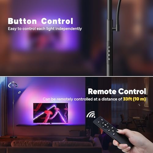 SIBRILLE Upgraded RGBCW Floor Lamp with Reading Lamp, Rotatable Remote Control LED Standing Lamp Dimmable Floor Light Modern Standing Light for Living Room Bedroom Home Office, 36W, Black