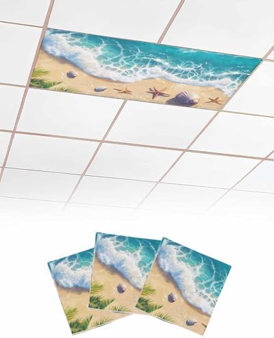 Ocean 3 Pcs Fluorescent Light Covers, Sandy Beach Marine Wave Seashell Magnetic Filters Shade Panel Light Covers for Ceiling Lights Classroom Office Home Ceiling Decoration, 4 x 2 Ft