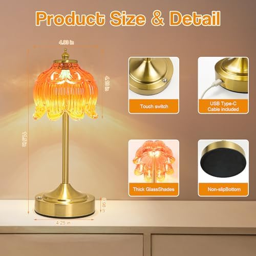 Cordless Table Lamp, Rechargeable Honey Glass Lotus Flower Lamp