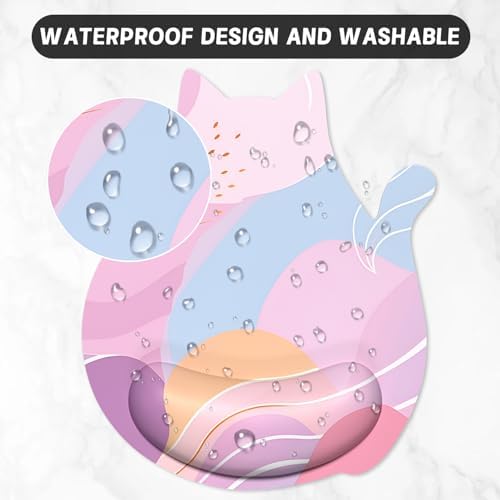 Ergonomic Mouse Pad with Wrist Rest, Cute Cat Memory Foam Padded Pain Relief Non-Slip Wrist Support Mouse Mat for Gaming Work Computer Laptop, Funny Office Supplies Desk Accessory, Pink Art