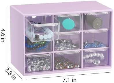 Small Drawer Organizer for Desk, 7.1" x 3. 8" x 4.6" Mini Desktop Drawer Organizer with 9 Clear Drawers, Plastic Desktop Craft Storage Box for Desk Office School Home (Purple)