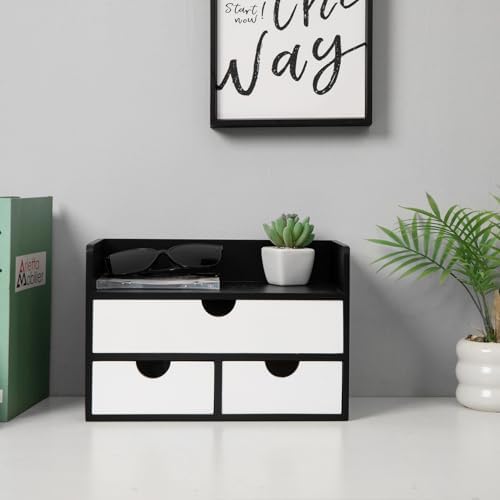 Rustic Wood Desk Organizer with Drawers,3-Drawer Desktop Storage Box