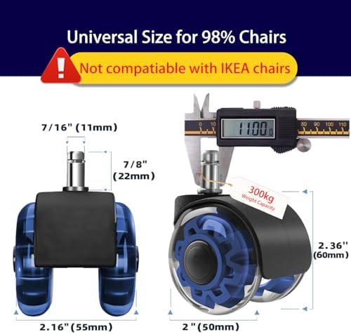 Hirate 2 inch Office Furniture Casters 7/16 inch Stem Dual Rubber Wheel