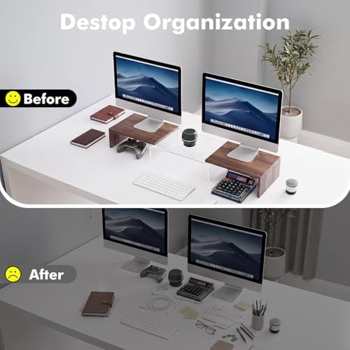 High-Clarity Dual Monitor Riser, Desk Organizer for Computer Monitor, Acrylic Monitor Riser with Keyboard Storage, Adjustable Angle & Length Computer Monitor Stand Walnut Look
