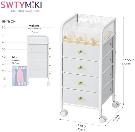 SWTYMIKI Rolling Makeup Organizer Cart - Under Desk Vanity Makeup Storage with 4 Non-woven Drawers, Nail Cart Organizer Cosmetic Display Cases Cabinet for Skin Care Perfume Nail Polish Brush Hair Tool