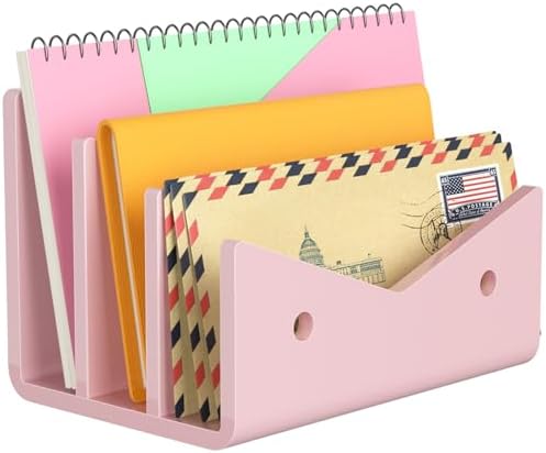 Mail Organizer Envelope Holder - 3 Compartments Pink Acrylic Mail Holder Countertop Vertical Desk Organizer Small File Bill Document Notebook Letter Sorter for Home School Office Supplies