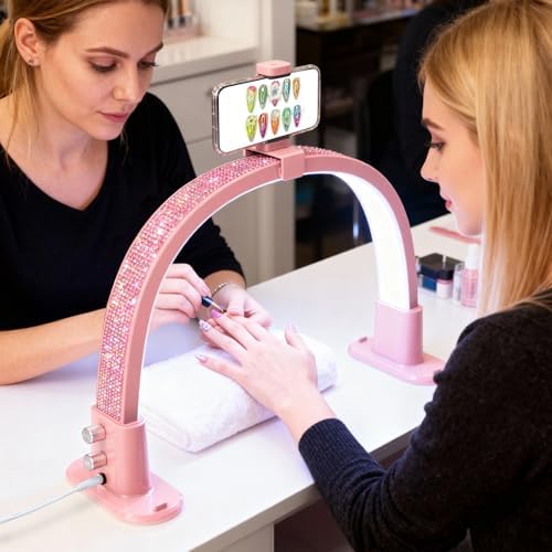 BLUVALL Half Moon Nail Lamp for Desk Portable Nail Desk Lamp with Phone Holder, Stepless Adjustment of Brightness and Color Temperature Desk Lamp for Nail Tech, Eyelash, Tattoo, Makeup (Pink)
