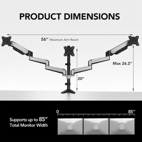 HUANUO Gaming Triple Monitor Stand, Full Motion Articulating Triple Monitor Mount Fit 17 to 32 inch Flat/Curved LCD Computer Screens with Clamp, Grommet Kit, Silver