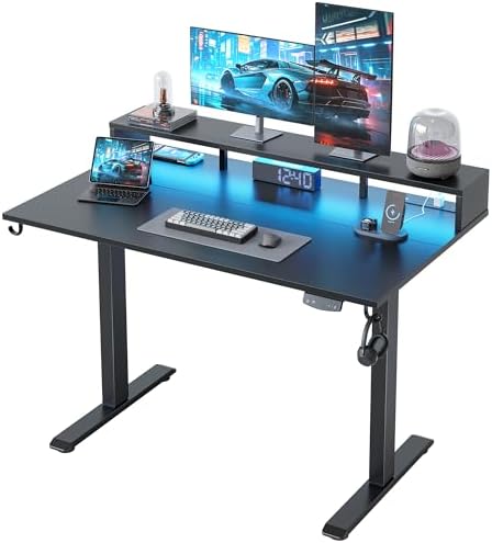 Klicelor Electric Standing Desk with Shelf, 48 Inch Height Adjustable Desk with Power Outlets & LED, Sit Stand Up Table with Monitor Stand, Computer Workstation for Home Office, Black