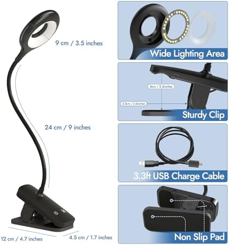CUHIOY Rechargeable Clip on Reading Light for Bed Headboard, Black, 1 Pack