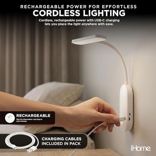 iHome Rechargeable Wall Light with Adjustable Gooseneck, Touch Controls, Dimmable, Warm & Cool Color Tones