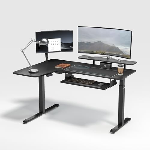 EUREKA ERGONOMIC 55 Inch L Shaped Electric Standing Desk, Height Adjustable Computer Gaming Desk with Keyboard Tray, Mouse Pad, Home Office Work,Carbon Fiber Black, Left Side
