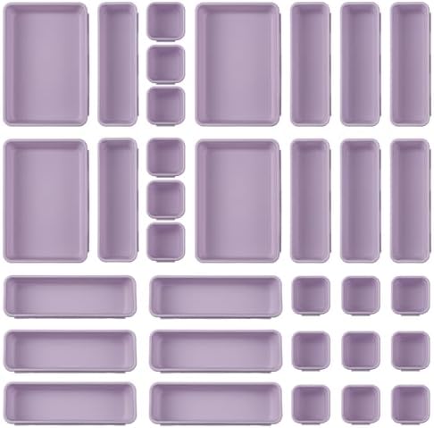 32 Pcs Desk Drawer Organizer Office Organization Tray Versatile Vanity Organizer with Nonslip Pads Makeup for Divider Drawer Storage Box Container for Kitchen Bedroom(Purple)