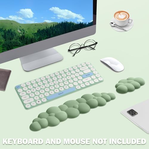 Cloud Keyboard Wrist Rest Mouse Pad Set, PU Leather Memory Foam Wrist Cushion Support, Mouse Wrist Pad, Non-Slip Wrist Support for Home, Office, Green Cloud
