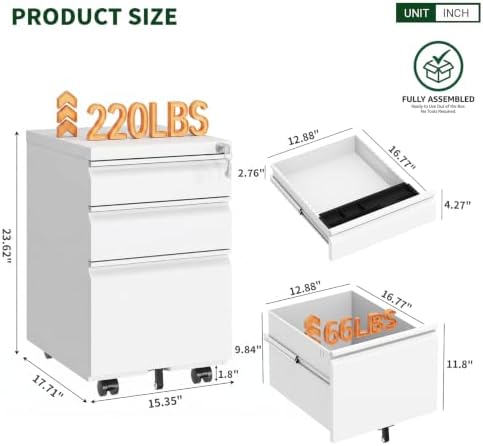 3 Drawer Metal File Cabinet with Lock & Rolling Casters