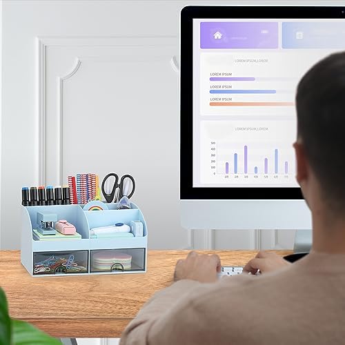 Office Desk Organizer with Drawers for Desktop/Tabletop/Counter, Desk Top Accessories Stationary Organizer Desk Caddy, Pen/Pencil/Business Card/Sticky Note Tray/Paperclip Holder Storage Box (Blue)