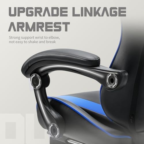 NEWBULIG Gaming Chair with Footrest – Ergonomic High-Back with Lumbar & Headrest Support, Comfy PU Leather Recliner with Linkage Armrests, Adjustable Height, 360° Swivel, Blue
