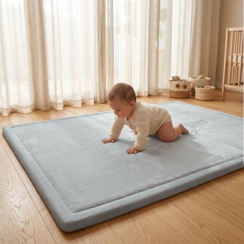 ACOMOPACK Baby Play Mat for Floor,1.3" Thick Elasti-Foam 59"×71" Non-Slip Water Repellent,Non-Toxic Playpen Mat for Infants Toddlers Kids, Ultra Soft Coral Velvet for Tummy Time Crawling（Light Grey）